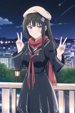 Teenager, Kisara Tendou, black hair, French beret, winter clothes, red scarf, purple eyes, flower on head, purple, Tendou, almost no smile, semi blushing, peace gesture, modern city background, beautiful night, looking at the background, beautiful,