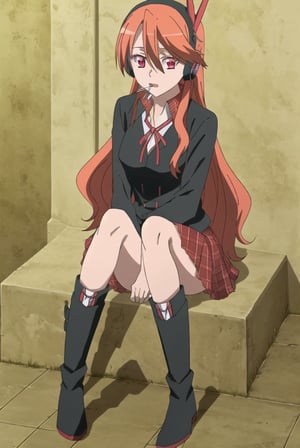 Adult woman,Chelsea, orange hair, red eyes, headphones, lollipop, red plaid skirt, black boots, solo,chelsea,long hair, Sitting at the school entrance 