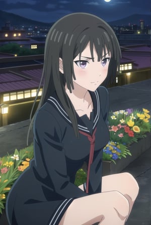 Adolescent, Kisara Tendou, black hair, black suit, purple eyes, flower on the side of her head, purple, Tendou, almost no smile, semi blushing, hands between her legs, city background, beautiful night, looking into the background, beautiful,