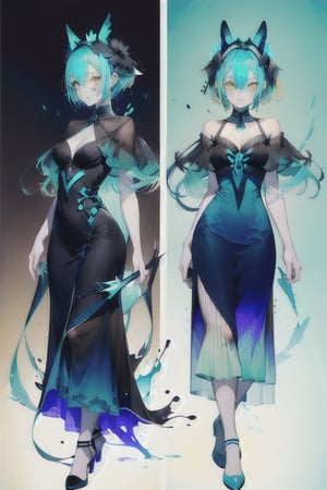 A cool girl, (( black-cyan-blue-Gradient-hair)),  (light_brown-yellow_eyes), full-body, black night dress, multiple views of the same character,gemstone,watercolor (medium)