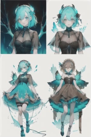 A cute girl, ( cyan-blue-hair),  ((light_brown_eyes)), full-body, black night dress, multiple views of the same character,gemstone,watercolor (medium)