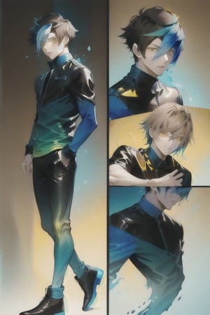 A cool boy, (( black-blue-Gradient-hair)),  (light_brown-yellow_eyes), full-body, black tight leather jacket , multiple views of the same character,gemstone,watercolor (medium)