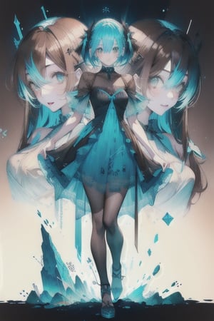 A cute girl, ( black-cyan-blue-Gradient-hair),  ((light_brown_eyes)), full-body, black night dress, multiple views of the same character,gemstone,watercolor (medium)