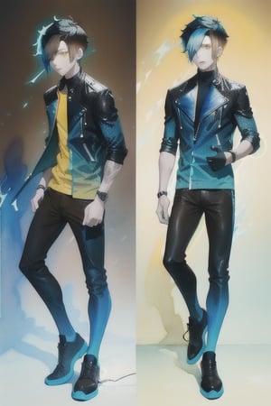 A cool boy, (( black-blue-Gradient-hair)),  (light_brown-yellow_eyes), full-body, black tight leather jacket , multiple views of the same character,gemstone,watercolor (medium)