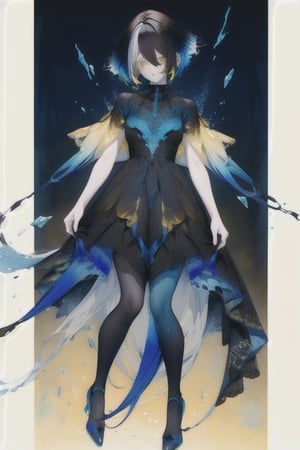 A cool girl, (( black-blue-Gradient-hair)),  (light_brown-yellow_eyes), full-body, black night dress, multiple views of the same character,gemstone,watercolor (medium)