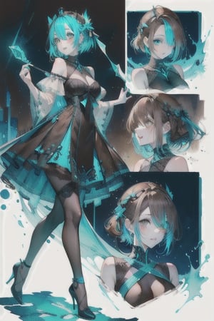 A cute girl, ( black-cyan-blue-hair),  ((light_brown_eyes)), full-body, black night dress, multiple views of the same character,gemstone,watercolor (medium)