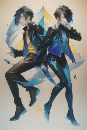 A cool boy, (( black-blue-Gradient-hair)),  (light_brown-yellow_eyes), full-body, black tight leather jacket , multiple views of the same character,gemstone,watercolor (medium)