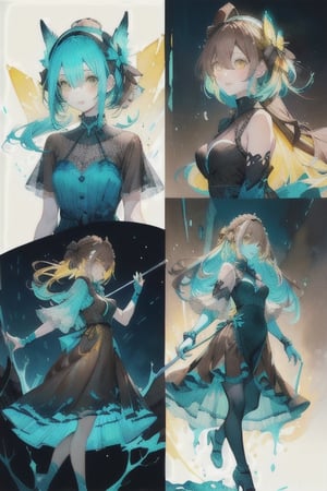 A cute girl, ( black-cyan-blue-Gradient-hair),  ((light_brown-yellow_eyes)), full-body, black night dress, multiple views of the same character,gemstone,watercolor (medium)