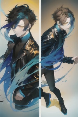 A cool boy, (( black-blue-Gradient-hair)),  (light_brown-yellow_eyes), full-body, black tight leather jacket , multiple views of the same character,gemstone,watercolor (medium)