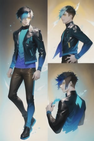 A cool boy, (( black-blue-Gradient-hair)),  (light_brown-yellow_eyes), full-body, black tight leather jacket , multiple views of the same character,gemstone,watercolor (medium)