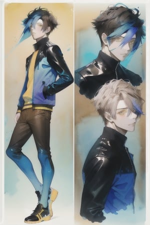 A cool boy, (( black-blue-Gradient-hair)),  (light_brown-yellow_eyes), full-body, black tight leather jacket , multiple views of the same character,gemstone,watercolor (medium)