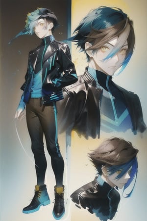 A cool boy, (( black-blue-Gradient-hair)),  (light_brown-yellow_eyes), full-body, black tight leather jacket , multiple views of the same character,gemstone,watercolor (medium)