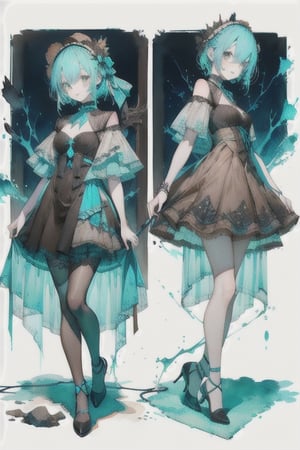 A cute girl, ( cyan-blue-hair),  ((light_brown_eyes)), full-body, black night dress, multiple views of the same character,gemstone,watercolor (medium)