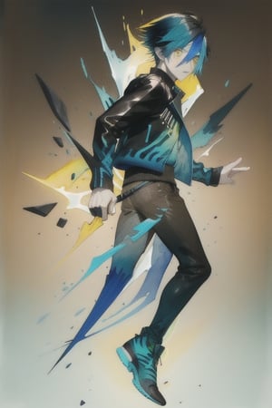 A cool boy, (( black-blue-Gradient-hair)),  (light_brown-yellow_eyes), full-body, black tight leather jacket , multiple views of the same character,gemstone,watercolor (medium)