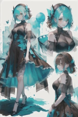 A cute girl, ( black-cyan-blue-hair),  ((light_brown_eyes)), full-body, black night dress, multiple views of the same character,gemstone,watercolor (medium)