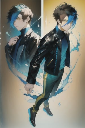 A cool boy, (( black-blue-Gradient-hair)),  (light_brown-yellow_eyes), full-body, black tight leather jacket , multiple views of the same character,gemstone,watercolor (medium)