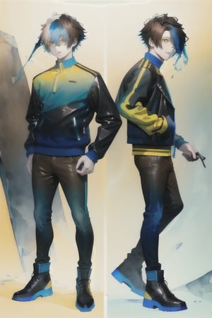 A cool boy, (( black-blue-Gradient-hair)),  (light_brown-yellow_eyes), full-body, black tight leather jacket , multiple views of the same character,gemstone,watercolor (medium)