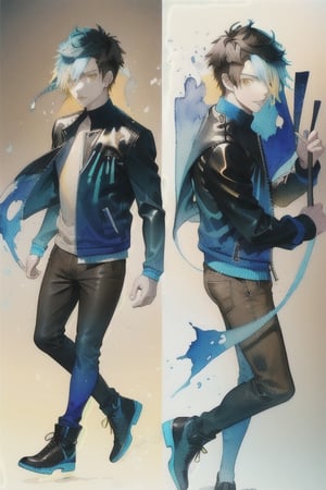 A cool boy, (( black-blue-Gradient-hair)),  (light_brown-yellow_eyes), full-body, black tight leather jacket , multiple views of the same character,gemstone,watercolor (medium)