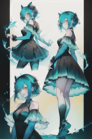 A cool girl, (( black-cyan-blue-Gradient-hair)),  (light_brown-yellow_eyes), full-body, black night dress, multiple views of the same character,gemstone,watercolor (medium)