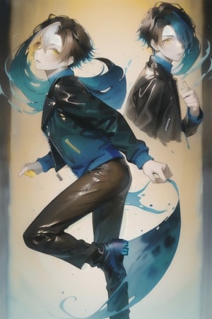 A cool boy, (( black-blue-Gradient-hair)),  (light_brown-yellow_eyes), full-body, black tight leather jacket , multiple views of the same character,gemstone,watercolor (medium)