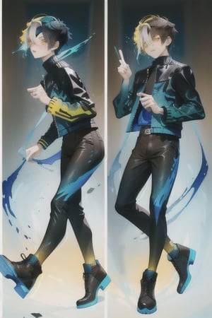 A cool boy, (( black-blue-Gradient-hair)),  (light_brown-yellow_eyes), full-body, black tight leather jacket , multiple views of the same character,gemstone,watercolor (medium)