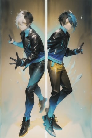 A cool boy, (( black-blue-Gradient-hair)),  (light_brown-yellow_eyes), full-body, black tight leather jacket , multiple views of the same character,gemstone,watercolor (medium)