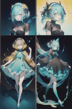 A cute girl, ( black-cyan-blue-Gradient-hair),  (light_brown-yellow_eyes), full-body, black night dress, multiple views of the same character,gemstone,watercolor (medium)