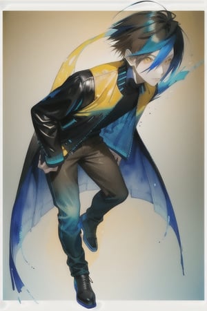 A cool boy, (( black-blue-Gradient-hair)),  (light_brown-yellow_eyes), full-body, black tight leather jacket , multiple views of the same character,gemstone,watercolor (medium)