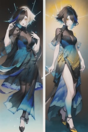 A cool girl, (( black-blue-Gradient-hair)),  (light_brown-yellow_eyes), full-body, black night dress, multiple views of the same character,gemstone,watercolor (medium)