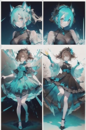 A cute girl, ( black-cyan-blue-Gradient-hair),  ((light_brown_eyes)), full-body, black night dress, multiple views of the same character,gemstone,watercolor (medium)