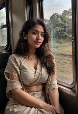 Lovely cute young attractive Indian girl, 25 years old, ultra-realistic, cute, Instagram model, long black hair. They are wearing a chudidar and simple jewellery and traveling in Indian local train and sitting next to window seat looking outside window,  listening to song in apple airpods in her ears 