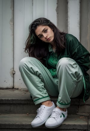 Lovely cute young attractive indian  girl, 35 years old, cute model, long black_hair,  black  hair,  They are wearing a  green , green jacket and green pajama, varsity jacket , white shoes  