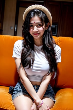 beautiful cute young attractive indian teenage girl, village girl, 18 years old, cute, Instagram model, long black_hair, colorful hair, warm, dacing, in home sit at sofa, indian,1 girl,wearing white top and black scart on head a beautiful hat 