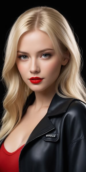 super cute blond woman in a dark theme,wearing is red, realistic