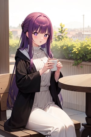 masterpiece, best quality, absurdres, perfect anatomy, 1girl, solo, FernFrieren, very long hair, purple eyes, (purple pupils), white dress, black robe, cafe, sitting, sipping,