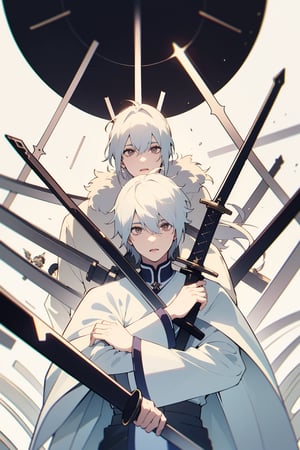 Highly detailed, high quality, masterpiece, beautiful (Full Shot ), A boy(White eyes, white teas, white hair, a 15-year-old)Everything around him was filled with swords of various sizes, colors, shapes, and so on
white
serius
swords
