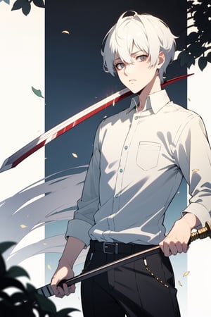 Highly detailed, high quality, masterpiece, beautiful (Full Shot ), A boy(White eyes, white teas, white hair, a 15-year-old sad) With two swords, one blue and one red
white,eexpr