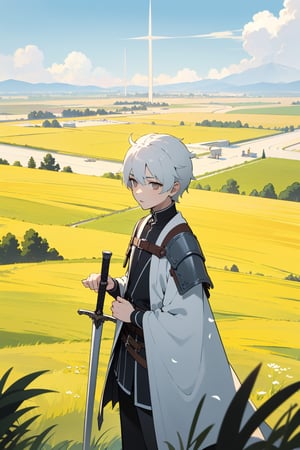 Highly detailed, high quality, masterpiece, beautiful (Full Shot ), A boy(White eyes, white teas, white hair, a 15-year-old)Everything around him was filled with swords of various sizes, colors, shapes, and so on In a meadow
white
serius
swords
