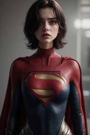 Masterpiece, ultra-detailed, 8k, ultra high definition, cinematic, 1girl, supergirl, supergirl bodysuit, red cape, medium breasts, short black hair, hair across face, full lips, sexy pose,Supergirl 