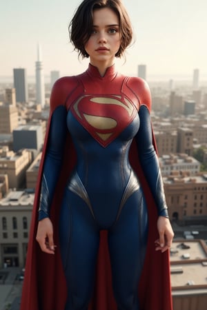 Masterpiece, ultra-detailed, 8k, ultra high definition, cinematic, 1girl, supergirl, supergirl bodysuit, red cape, large perky breasts, short black hair, full lips, blue eyes, thick thighs, hands on hips, hair across face, full lips, floating above a building, Supergirl 