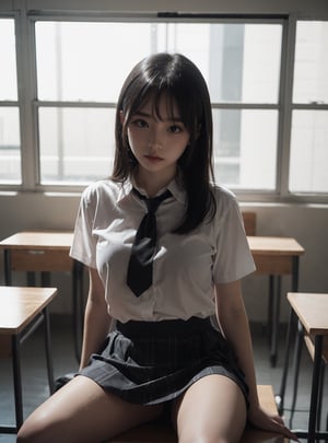 A 20 years old korean girl. She is in the classroom, sitting on her desk. Her legs are spread wide apart. Her underwears are exposed. Camera is focusing on her pelvis. She is sweating hard. Her skin is moist with her sweats. Her hands are place behind her back.

(best quality), ((masterpiece)), (highres), illustration, original, extremely detailed, (二次元大系·御姐篇_V1.0:0.7)zlqs, best quality, masterpiece, 

1girl, solo, looking at viewer, neutral_expression, closed mouth, sitface, seated, sitting, leaning, leaning_back, foreshortening, lower_body, focus_on_lower_body,  facing_viewer, legs_open, legs_apart, hand behind body, hand_behind_back, arm_behind_back,

natural_light, natural_light_on_face, hot_temperature,

classroom background, kyoushitsu, classroom, indoors, school chair, school desk, chalkboard, window, ceiling light, curtains, wooden_floor, blurry_background,blurry_foreground, 

gyaru, school uniform, skirt, miniskirt, microskirt, black_skirt, pleated skirt, plaid skirt, lifted_skirt,skirt_up, shirt, collared_shirt, white shirt, (white_shirt), short sleeves, necktie, black_necktie, socks, white_socks,

jewelry, bracelet, 
  
breasts, huge_breast, giant_breasts, gigantic_breasts,huge_tits, breast_exposed, straight_hair, longhair, brown-hair, bangs, light_brown_eyes, shiny_eyes, wide_pelvis,

sweating, sweating_profusely, wet_clothes, wet_hair, wet_skin,mist, moist,kaidan