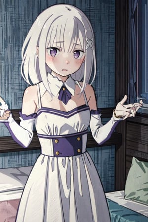 1girl, blushing, looking_at_viewer, bedroom:1.5, white hair, purple eyes, long hair, hair flower, x hair ornament, hair ribbon, white dress, detached collar, wide sleeves, white thighighs, eft_rezero_emilia, good_hands