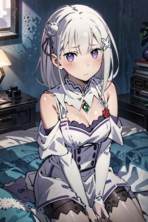 1girl, blushing, looking_at_viewer, bedroom:1.5, white hair, purple eyes, long hair, hair flower, x hair ornament, hair ribbon, white dress, detached collar, wide sleeves, white thighighs, eft_rezero_emilia, good_hands