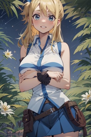 long hair, yellow color. Shy face, Highly detailed, High Quality, Masterpiece, beautiful, in a forest illuminated by the stars, where a lake can be seen behind her and two blazing stars, smiling, big_boobies, ,lucyheartfilia, white shirt, sleeveless, belt, blue skirt, brown boots, looking at viewer, belt,anime