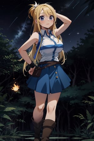 long hair, yellow color. Shy face, Highly detailed, High Quality, Masterpiece, beautiful, in a forest illuminated by the stars, where a lake can be seen behind her and two blazing stars, smiling, big_boobies, ,lucyheartfilia, white shirt, sleeveless, belt, blue skirt, brown boots, looking at viewer, belt,anime