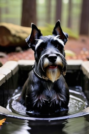 a Schnauzer，black，Drop one's ears，Soaking in hot springs in the deep woods