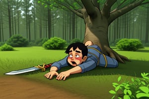 In the forest, a man lies on the ground gasping for air,tree,sword,
,toon,3d style