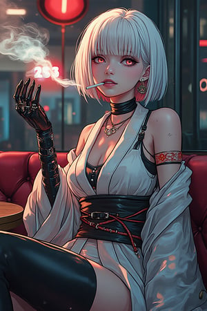 (by Carne Griffiths, Conrad Roset), 1girl,cyborg,android,mechanical, mechanical parts, mechanical joints, solo, sitting in a cyberpunk club,looking at viewer, short hair, bangs, , jewelry,, white hair, earrings, japanese seethrow clothes, , choker,  seethrow kimono,pleasure android, black choker, cyberpunk, smoke, cigarette, plastic kimono,sexy, smoking, egasumi m3,Dark Manga of,Dark Anime of,anime,see-through kimono,schpicy style