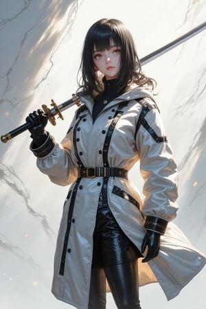 white marble background with reflections, woman holding a sword with her right hand, the sword passes behind the woman, left hand extended with the palm open, she is wearing a latex raincoat, half white, half black, cinched with a black and white belt, latex stockings up to mid-thigh, skirt opening, trench coat with short sleeves and wearing apretados latex gloves all over her arm. straight hairstyle black hair with bangs, , , , , ,xuer ai yazawa style girl,techwear jacket,black gloves,tactical ve,Samurai girl, , , ( lighting, dim lighting:1.2), simple background, LIGHT background, ,jisoo, , ,NijiXmiya