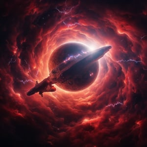 Panoramic shot of a colossal space vessel hovering above the crimson planet's atmosphere, amidst a swirling vortex of cosmic energy. Nebula clouds undulate in the background, illuminated by strobing lightning bolts that crackle with electric intensity. The ship's imposing silhouette is set against a canvas of turbulent waves and stardust, as if suspended within a celestial maelstrom.,noc-space